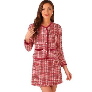 Suit Set 2 Piece Outfits Plaid Tweed Short Blazer and Skirt Red